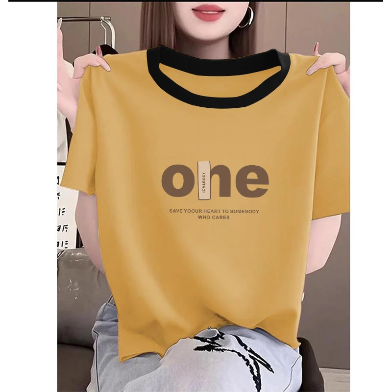 2025新款正肩纯棉短袖t恤女ins休闲百搭插色洋气撞色黄色上衣夏季