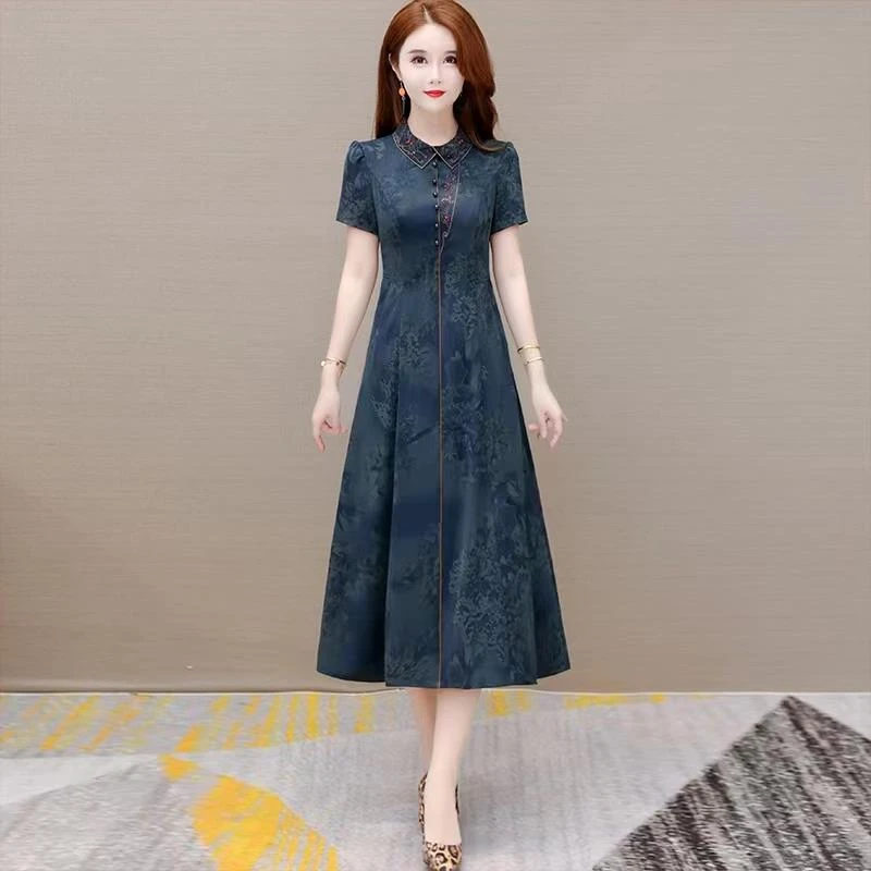 高端短袖连衣裙女夏季2024新款气质妈妈显瘦遮肚今年流行长款裙子