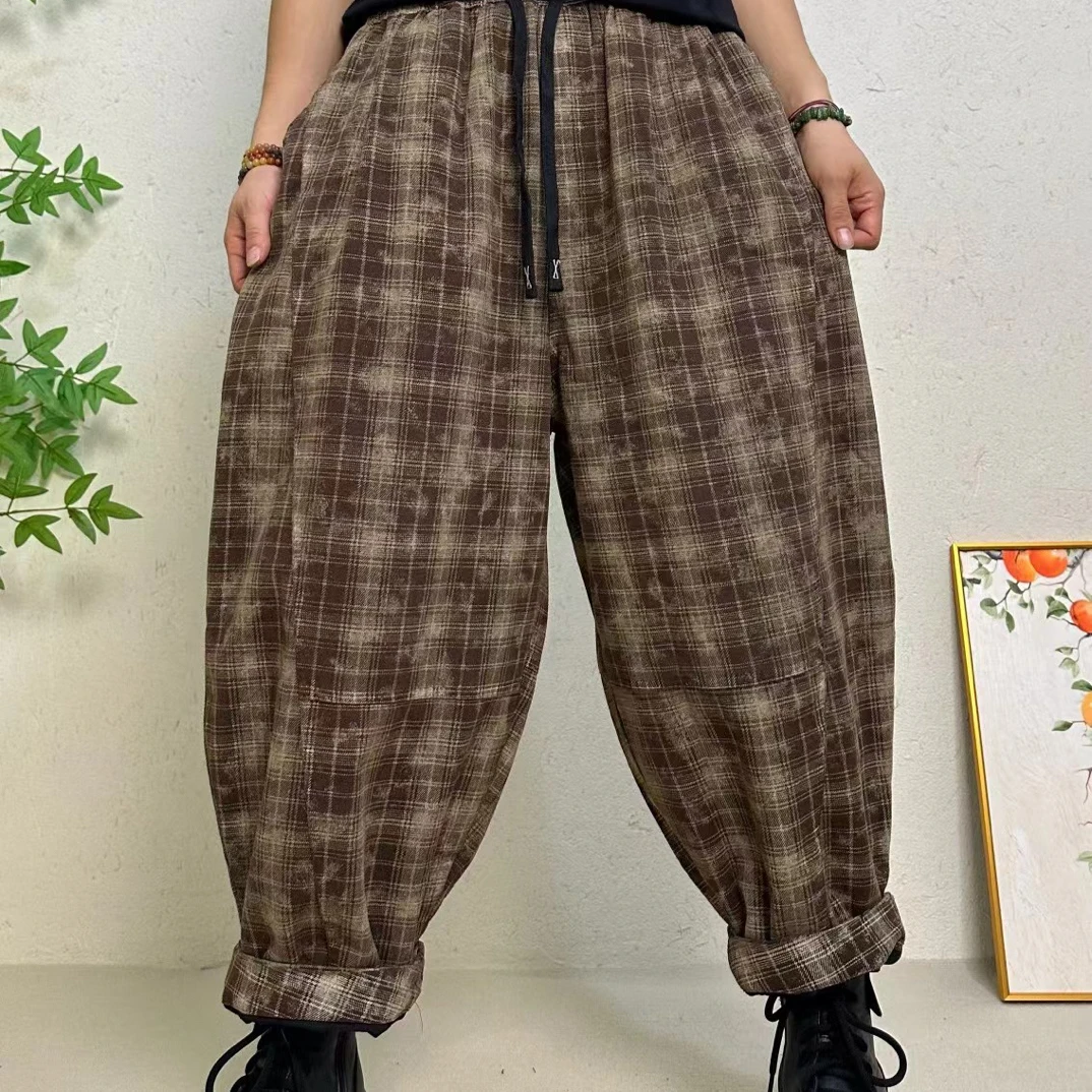 加绒加厚格子棉布遮肉遮胯洋气潮酷松紧腰女士棉裤