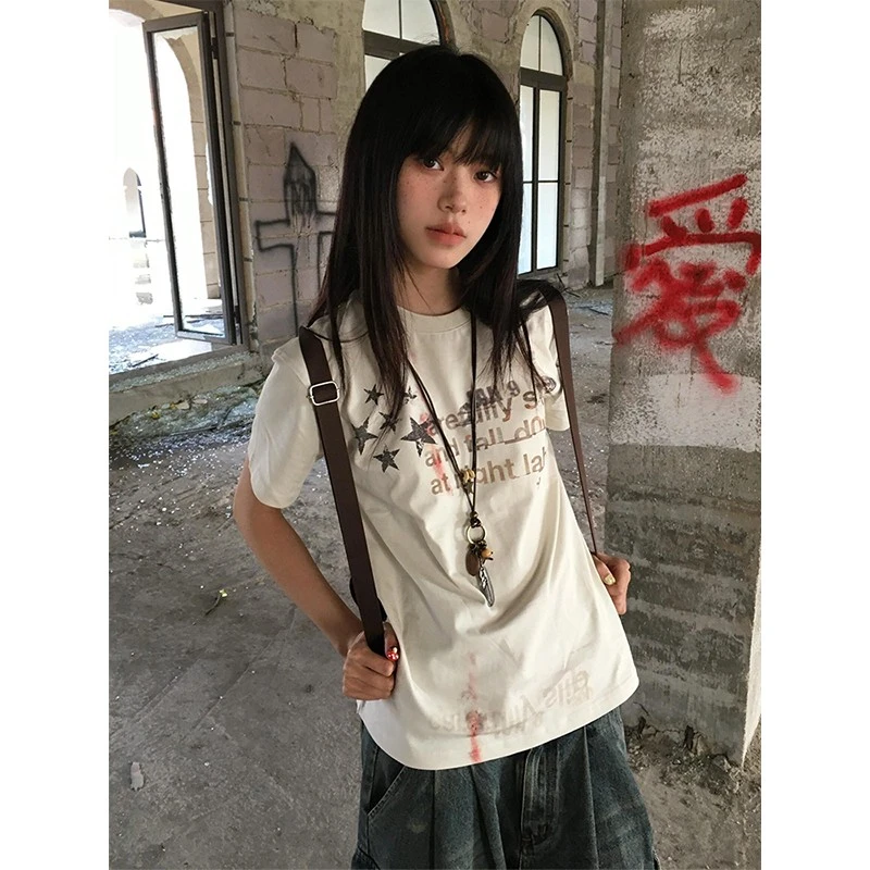 美式街头正肩t恤女夏季字母星星朋克风短袖修身学院风正肩短袖T