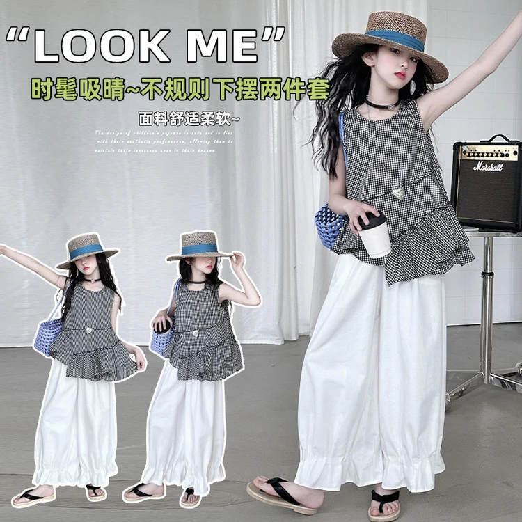 女童套装2025新款夏季中大童洋气时髦格子荷叶边小衫阔腿裤两件套