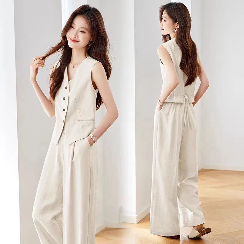 亚麻套装女2025夏季新款气质巨好看的老钱风无袖马甲阔腿裤两件套