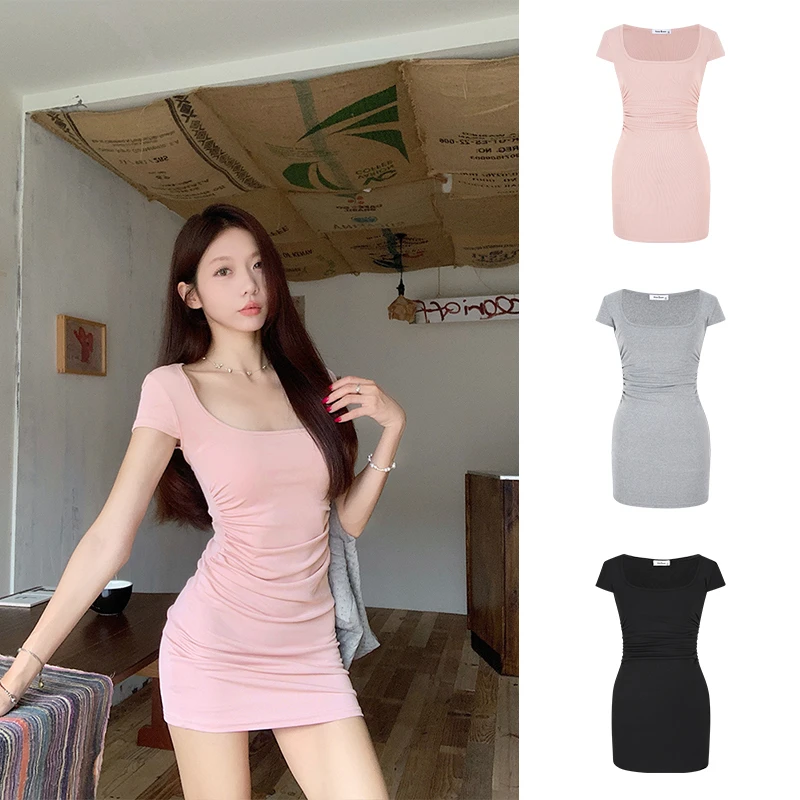 Moses Queen/魔西女王显白复古辣妹u领收腰短袖连衣裙夏显身材