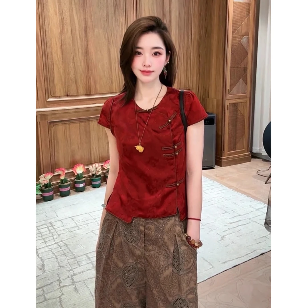 2025超火洋气减龄上衣新中式国风高级小众不撞款红色短袖T恤夏季