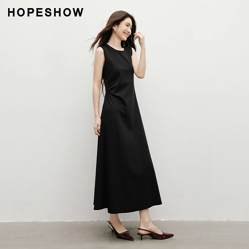 红袖2025春季新款女装 抽褶收腰圆领套头背心连衣裙90125091607