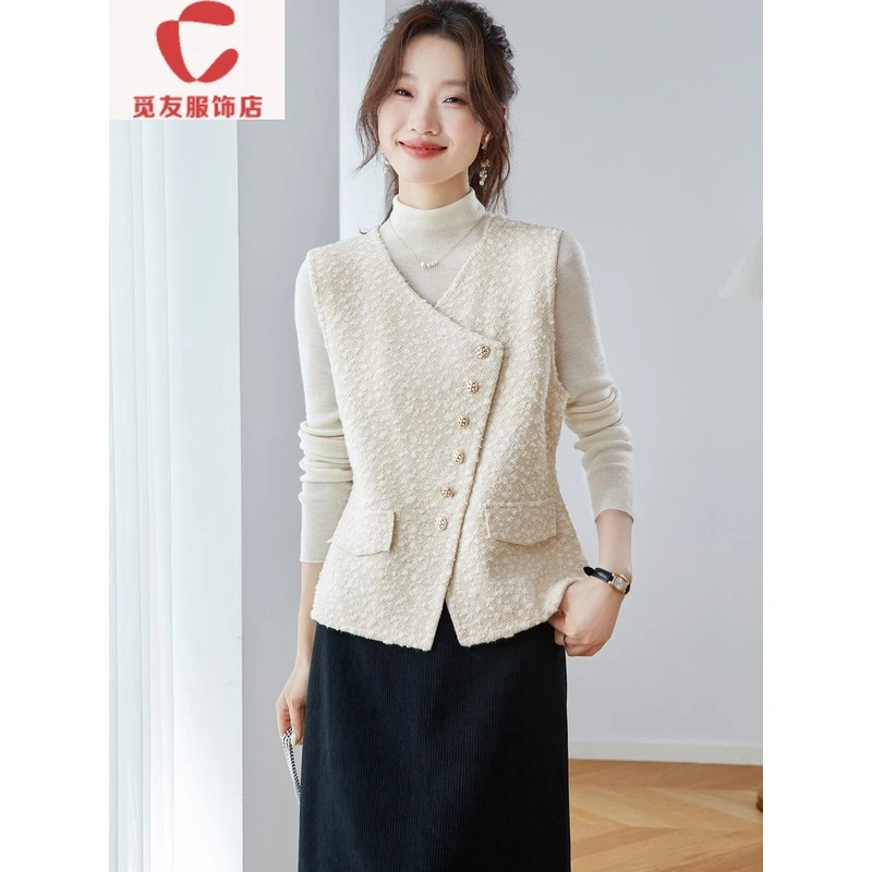 觅友服饰小香风针织马甲外套女2025春秋新款小个子不规则针织开衫
