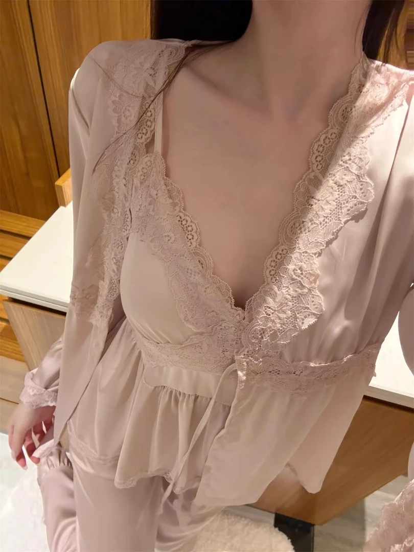 【DMXJ大梦想家】韩系纯欲风花边冰丝睡衣女春性感吊带家居服三件套