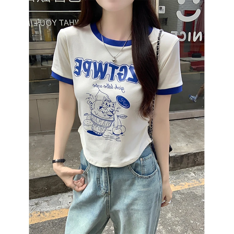 亦声短袖t恤夏2025潮印花正肩修身短款圆领上衣女装DZM