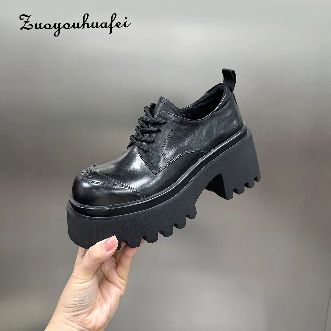 【左右华菲】8cm洋气小香风胎牛皮显高显瘦厚底乐福鞋真皮英伦圆头