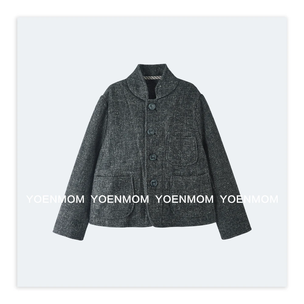 YOENMOM·摩登口袋·进口羊毛亚麻花纱复古英伦老钱风立领正肩外套