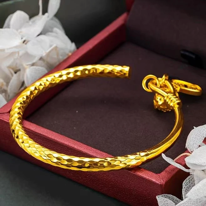 铜合金手镯 新中式国潮金色锤纹招财纳福宫玲手镯百搭民族风气质