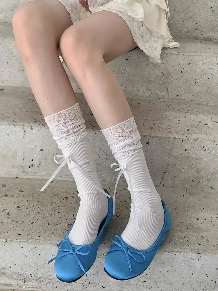 白色蕾丝袜子女花边蝴蝶结中筒袜春夏纯棉百搭芭蕾风堆堆袜小腿袜