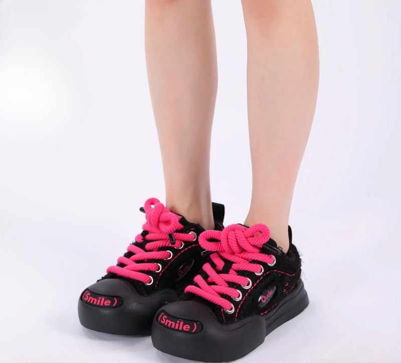 Ouder smiler 增高厚底摇滚甜心圆头板鞋大头鞋黑粉开口笑帆布鞋