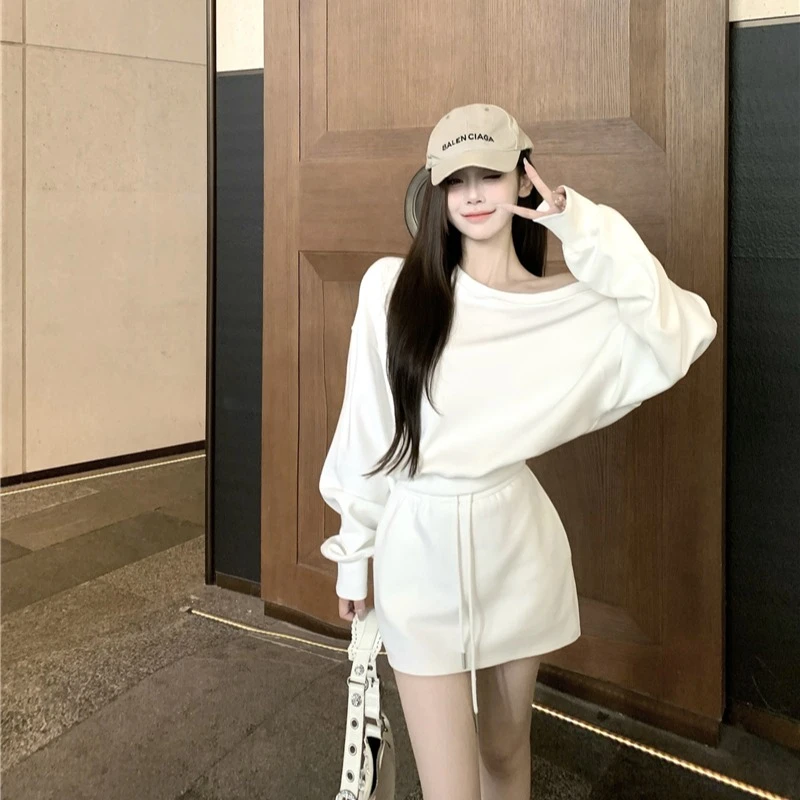 美式宽松休闲斜领露肩长袖女秋季抽绳高腰显瘦褶皱半身裙套装926