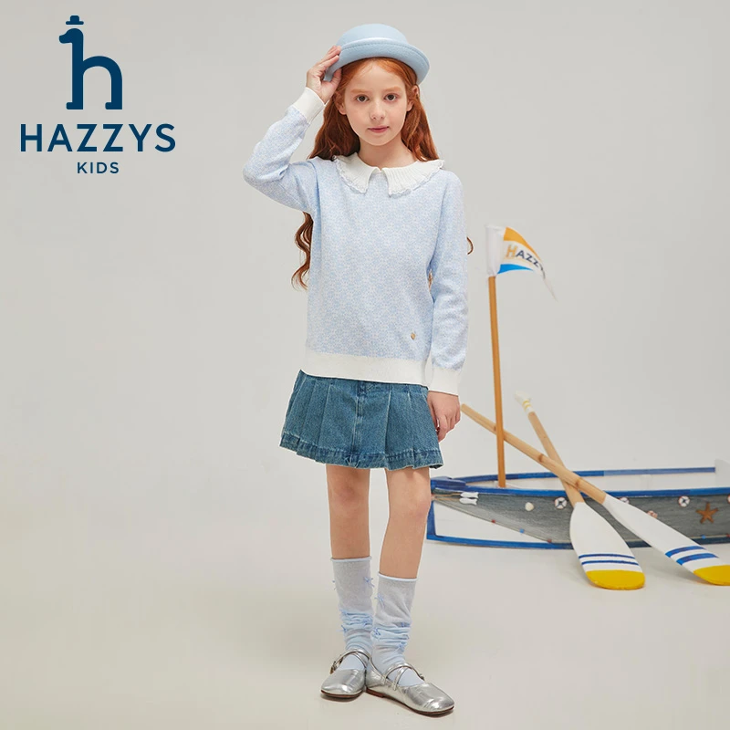Hazzys/哈吉斯品牌童装女童套头线衣时尚休闲圆领长袖拼接