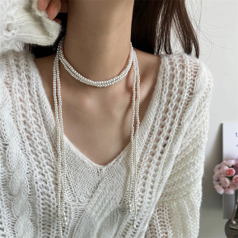 非金属仿珍珠项链 X5957-1长款叠戴项链白色气质时尚百搭复古法式