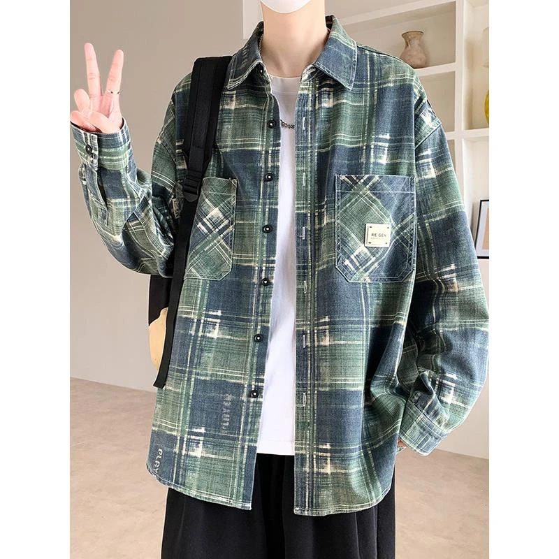 美式覆古纯棉高品质时尚宽松衬衫上衣青年学生百搭长袖衬衫外套男