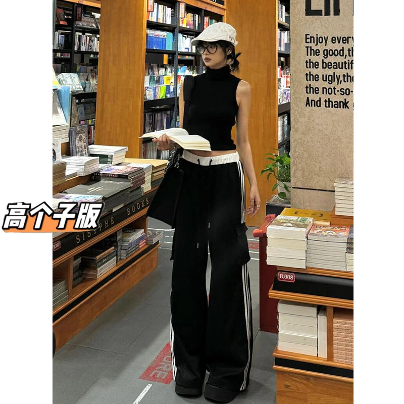 175高个子加长美式辣妹工装裤女运动裤显瘦宽松阔腿裤黑色休闲裤