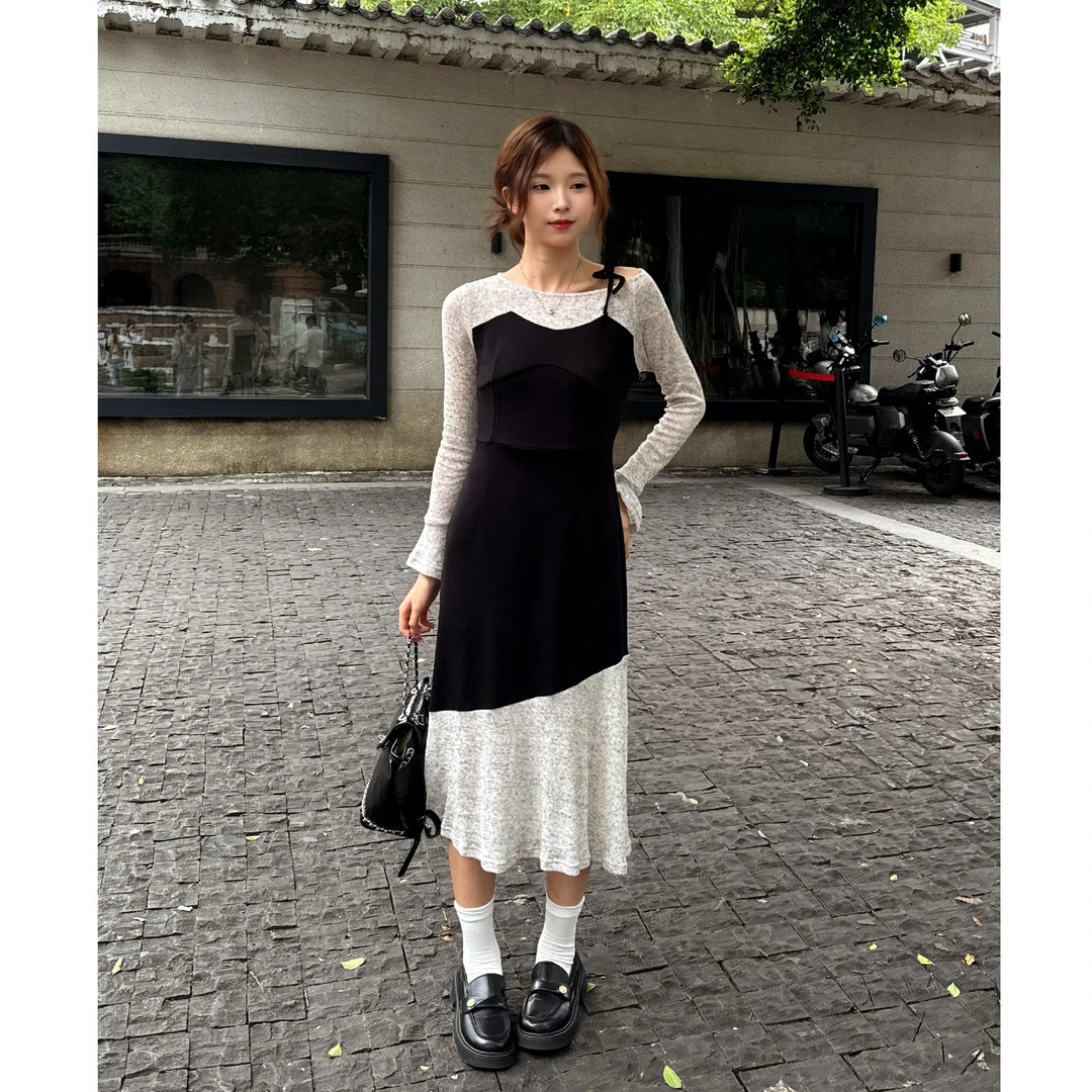 【现货】秋季拼色不规则假两件喇叭袖针织连衣裙显瘦女S11085