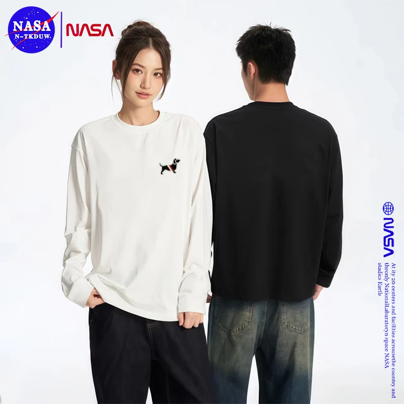 NASA刺绣款潮牌长袖T恤男女同款时尚百搭打底圆领长袖刺绣腊肠