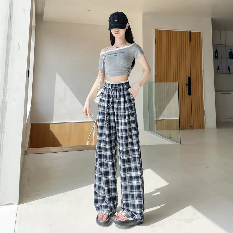 夏季蕾丝拼接格子裤溜达裤女高个子加长高腰显瘦直筒裤宽松阔腿裤
