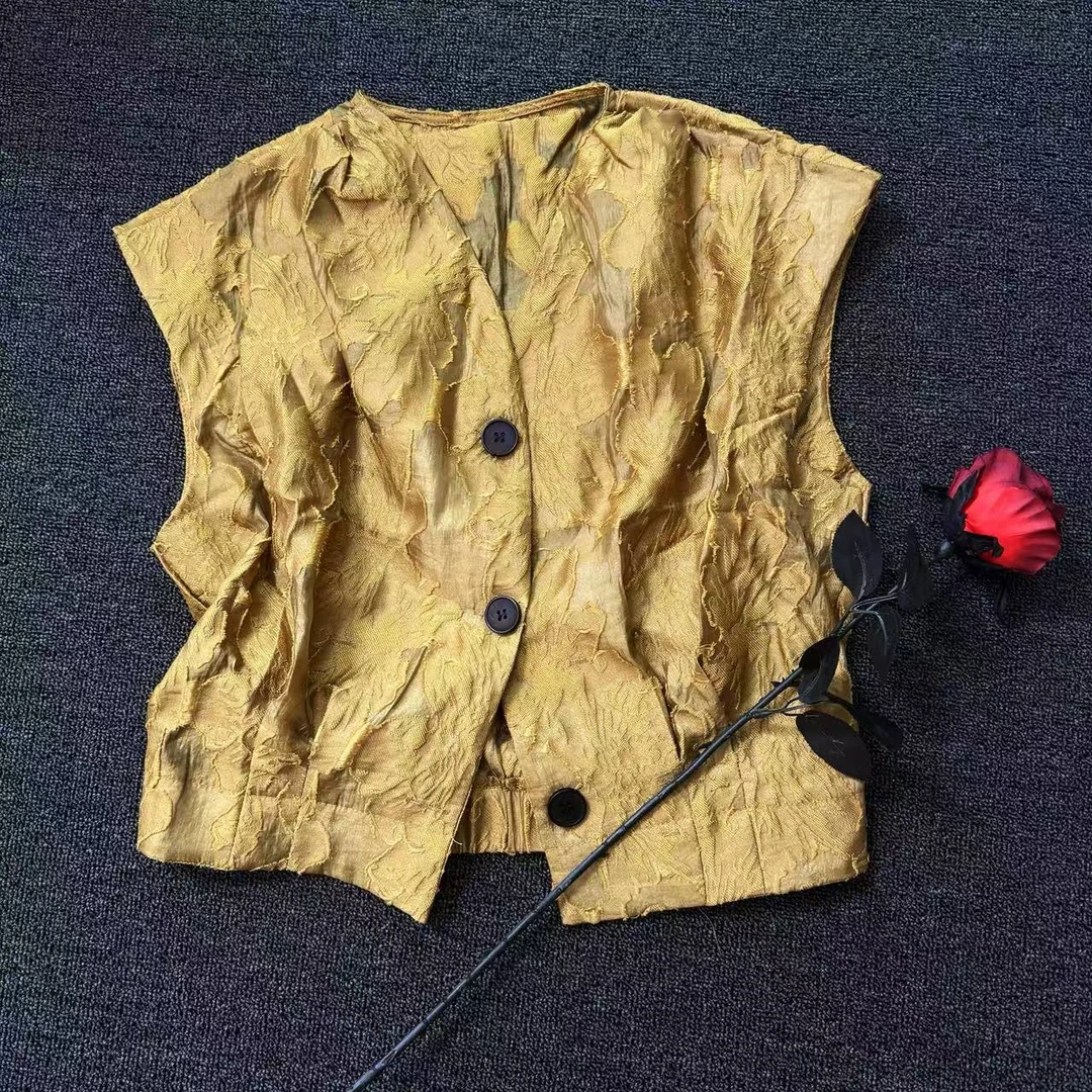 夏季新款百搭V领提花百搭宽松单排扣上衣