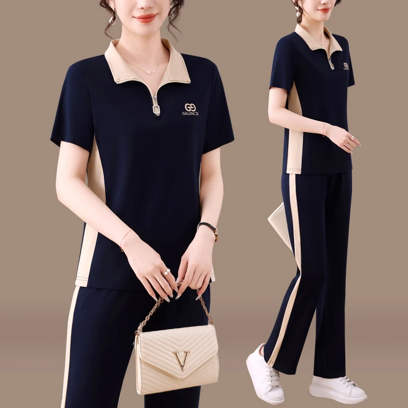 恩狐中老年运动套装女妈妈夏装洋气短袖T恤休闲上衣跑步服两件套