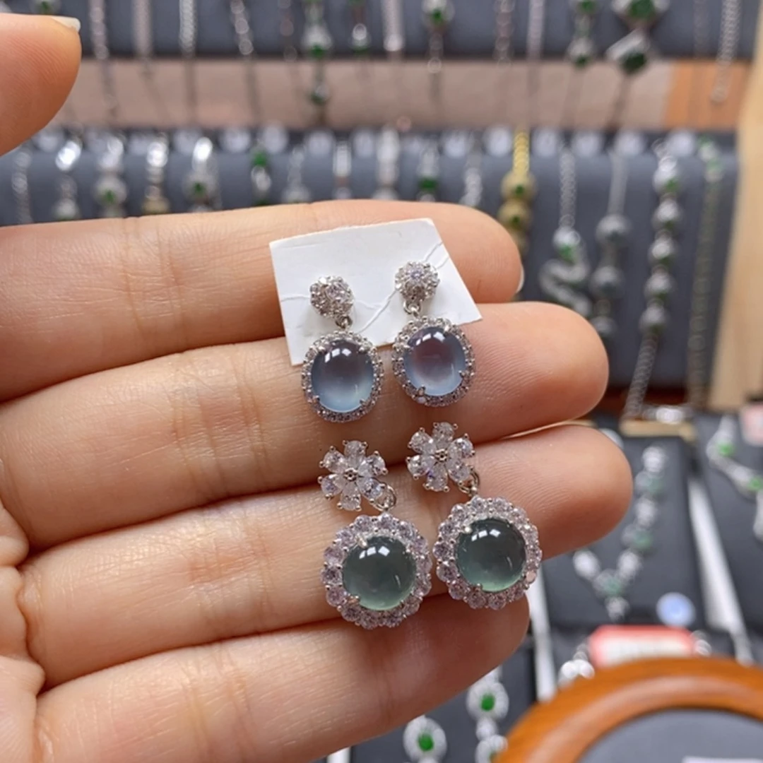 翡翠颈饰银S925镶嵌麦*翡翠耳钉