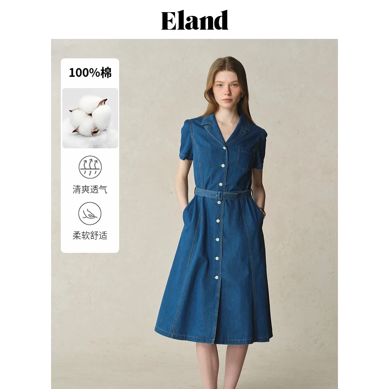 Eland衣恋牛仔连衣裙女v领抽褶泡泡袖收腰腰带裙子EEOJF24E03