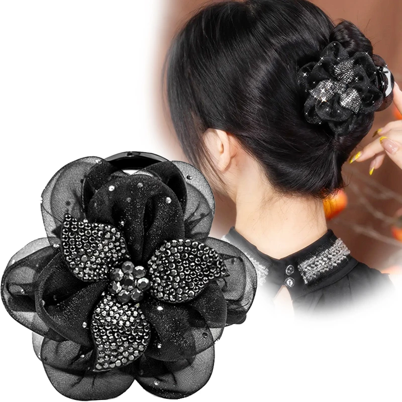 2025新款花朵抓夹显发量水钻发抓后脑勺盘发马尾头花小号发卡头饰