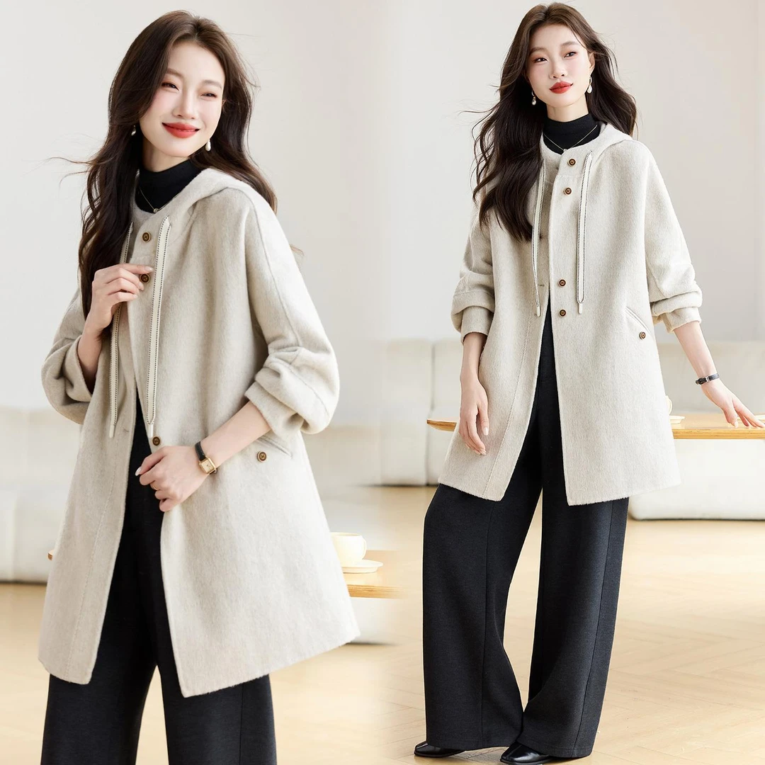 DUCURNO燕麦色毛呢外套女2025冬季新款时尚气质宽松加厚保暖大衣