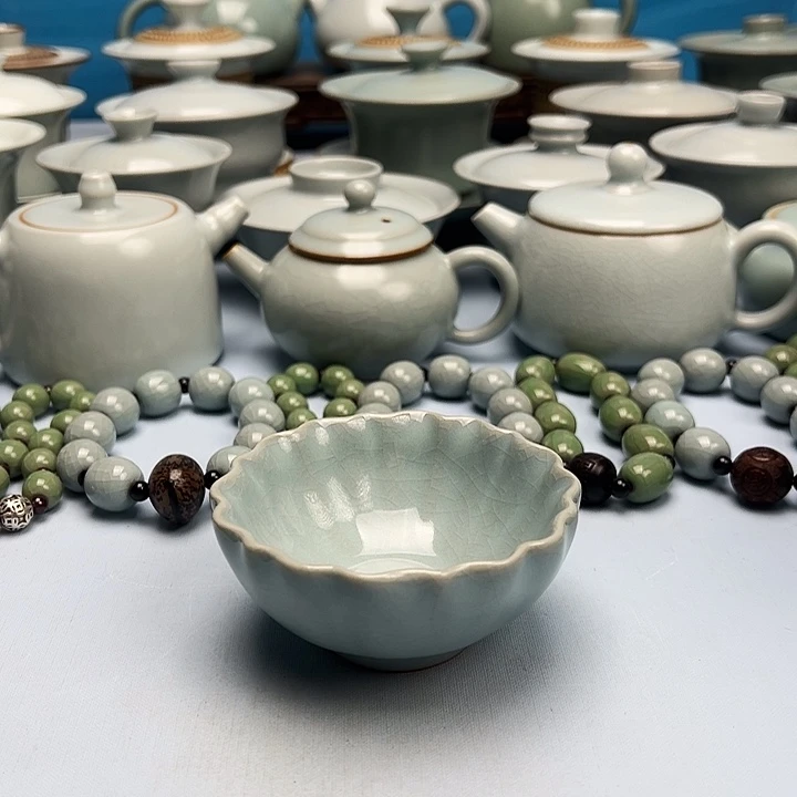 杯天青微蓝釉菊花杯原矿原釉原产地