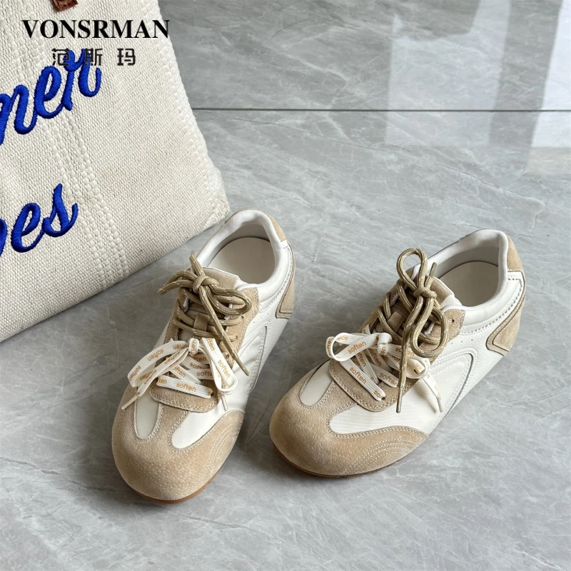 内增高双鞋带高端德训鞋2025秋高端拼色时尚休闲鞋可爱圆头女鞋子