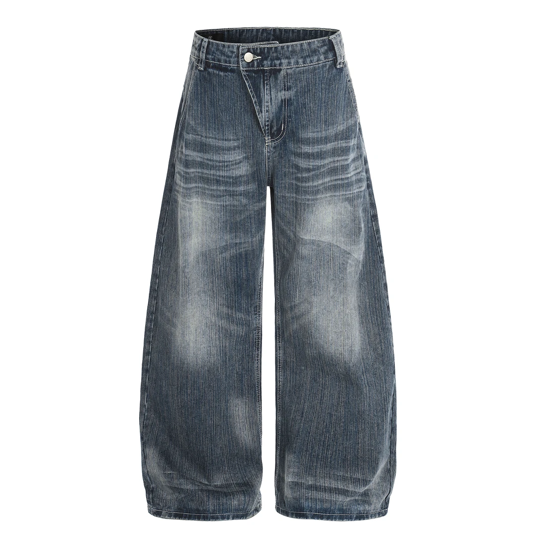 ADIUZI美式复古竹节纹做旧弯刀牛仔裤男宽松休闲痞帅设计感阔腿裤