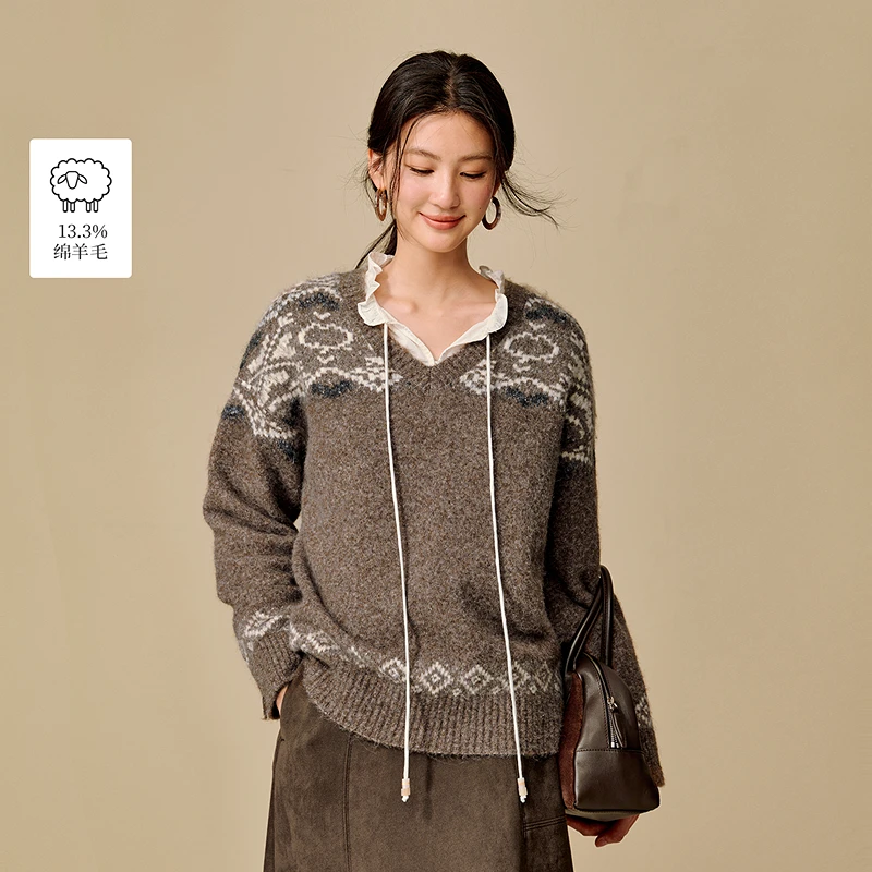 【流光风穿搭】茵曼25冬季复古慵懒风提花V领毛衣落肩袖针织衫