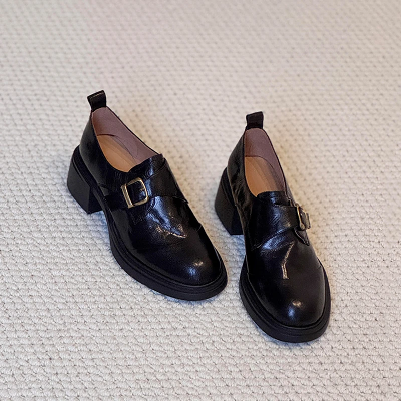 羊皮版~复古皮带扣深口乐福鞋女简约通勤粗跟一脚蹬英伦风小皮鞋