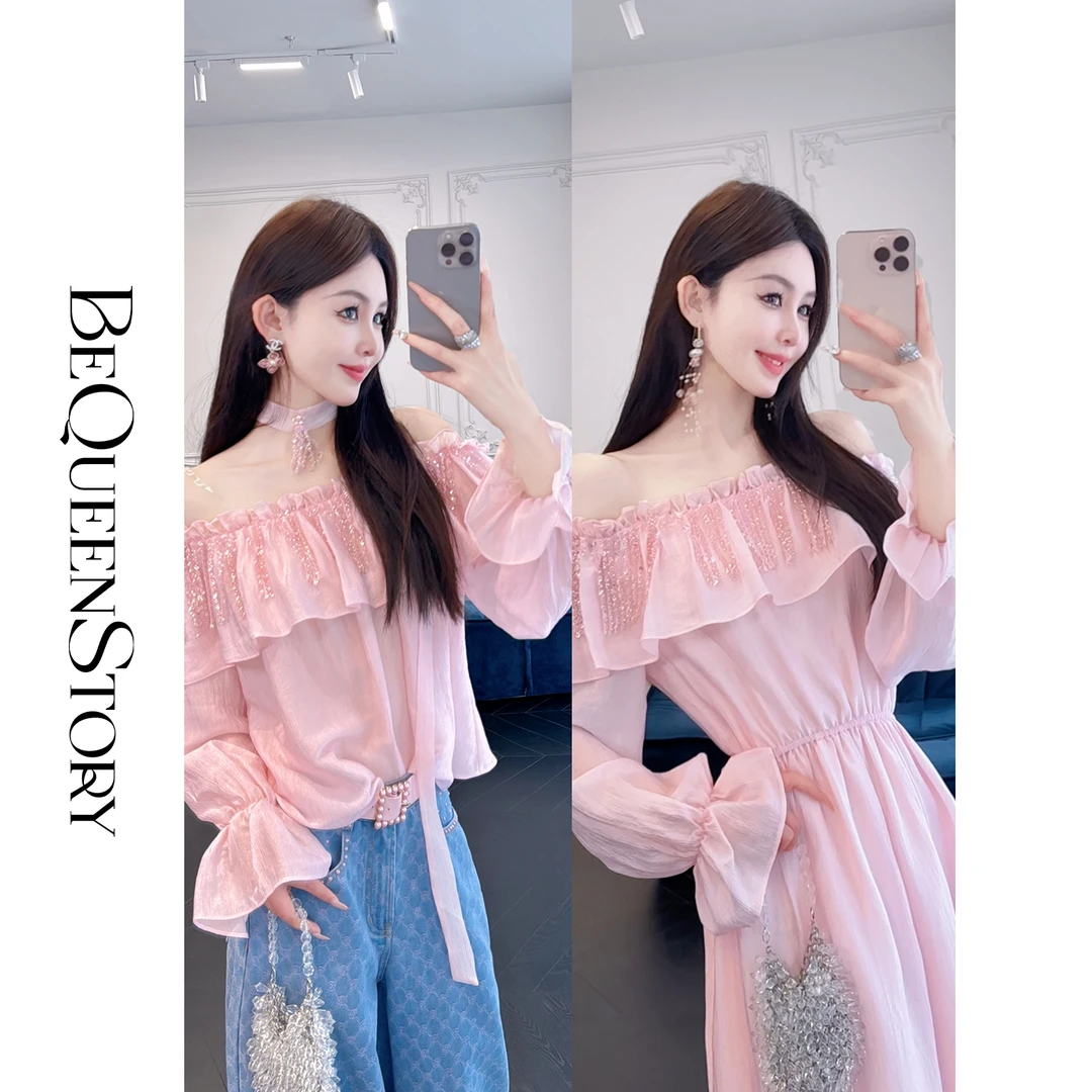 BeQueenStory【恋恋女神】2025新款醋酸一字肩荷叶边连衣裙&上衣