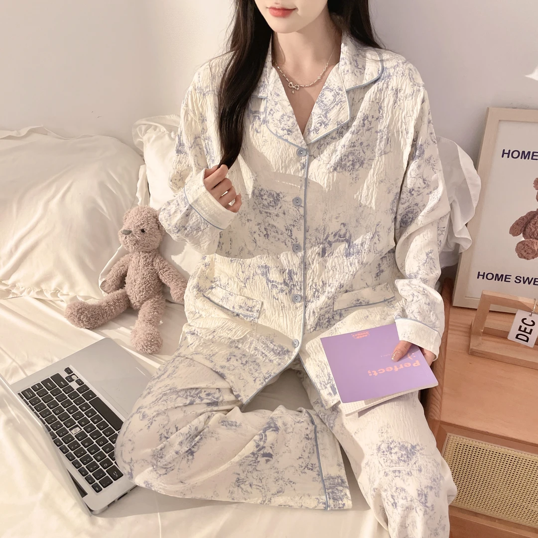 【青货】夏季皱皱棉纱带胸垫月子服孕妇产后透气哺乳装长袖睡衣