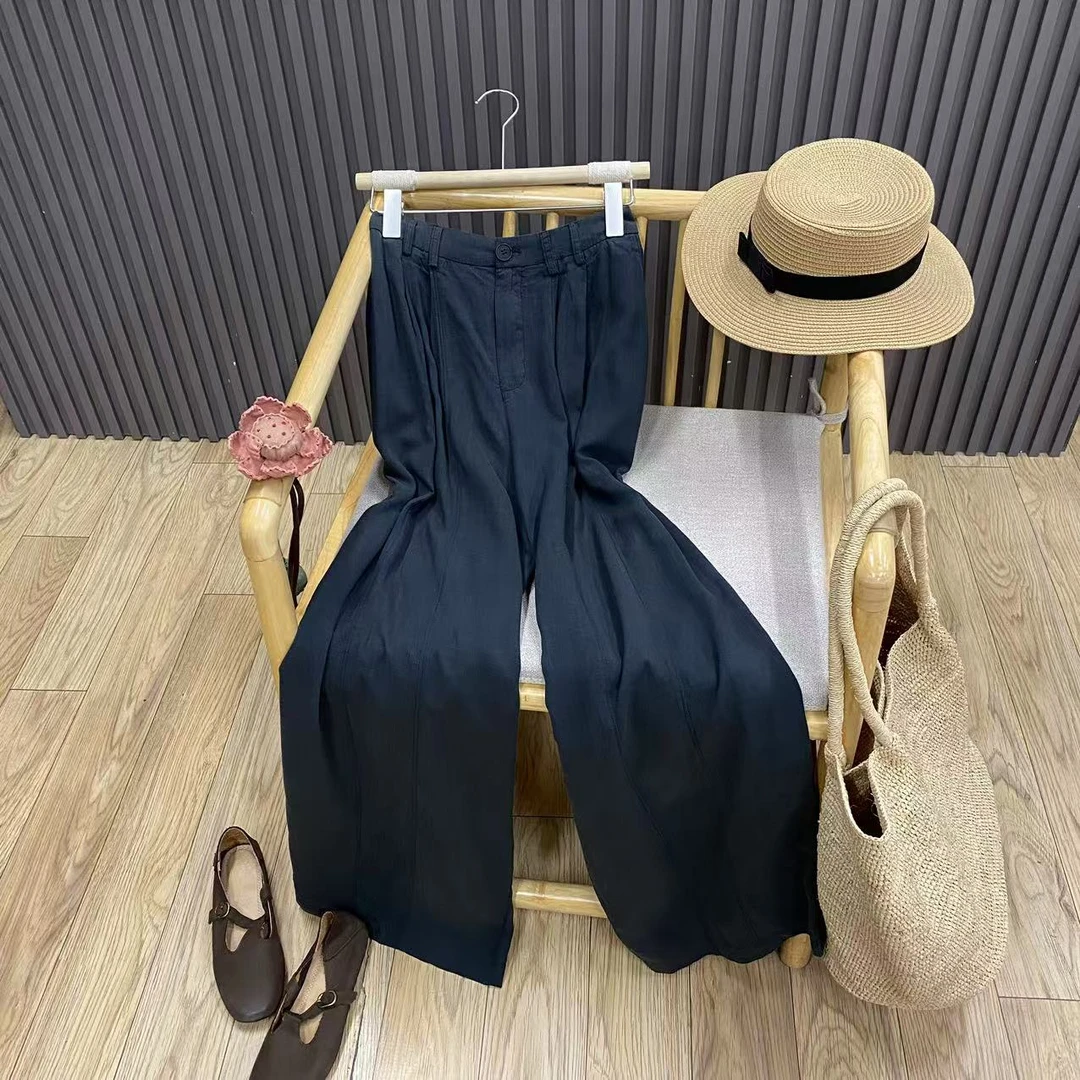 高腰天丝苎麻阔腿裤复古文艺宽松百搭垂感显瘦长裤女K82047
