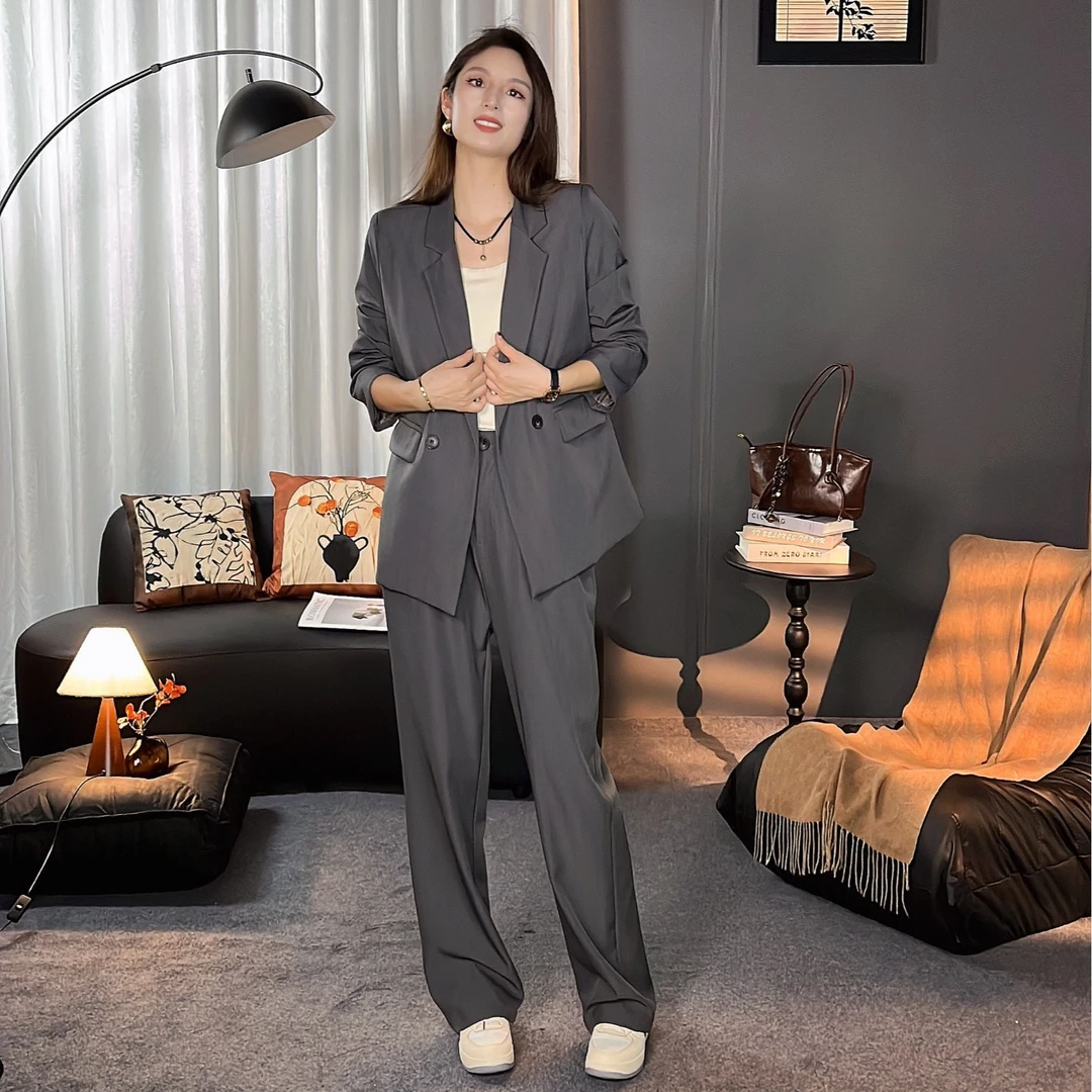 【年终清仓1】春秋季薄西装中长款外套高腰阔腿裤时尚休闲套装