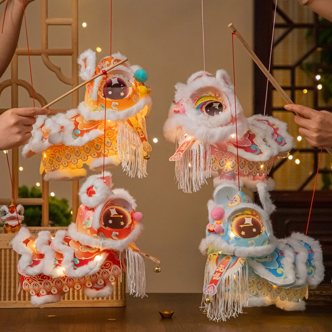 批发【豪华加绒】2026新款醒狮灯笼手工diy材料包儿童花灯发光玩具