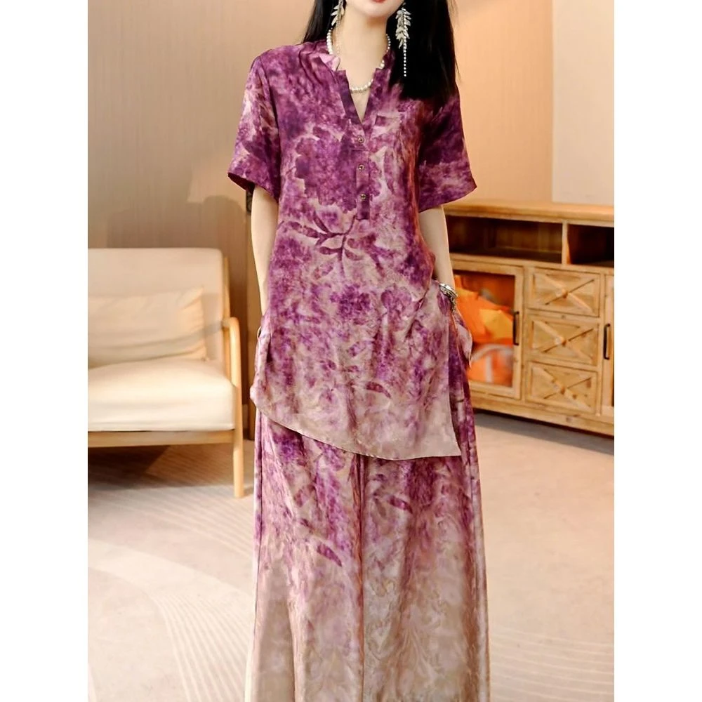 国风时尚气质妈妈装印花裤套装2025夏季新款宽松V领衬衫+阔腿裤