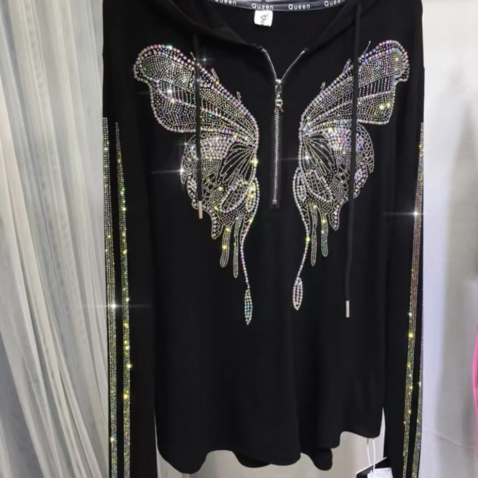 黑色烫钻蝴蝶打底衫2025年春季新款