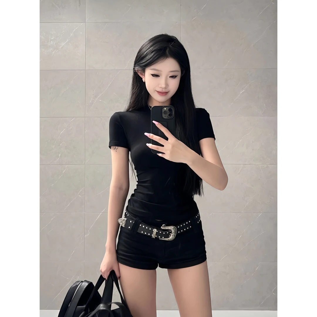 黑色正肩圆领短袖t恤女夏季基础款百搭修身显瘦辣妹上衣