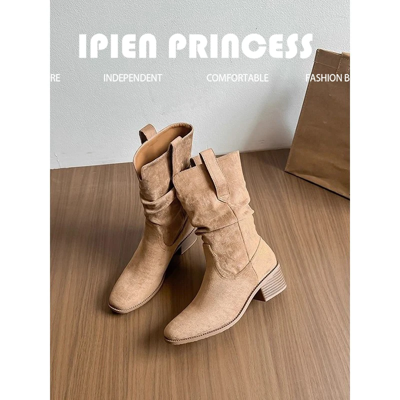 厚底褶皱堆堆靴2025新款时尚粗跟马丁靴女高跟短靴复古西部牛仔靴