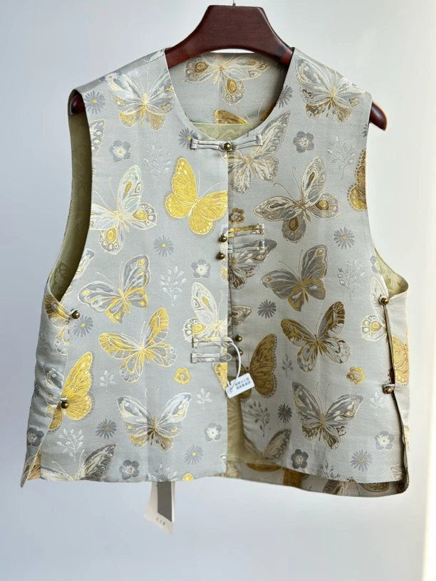 清 百蝶织金 里外桑蚕丝 双排扣设计款马甲