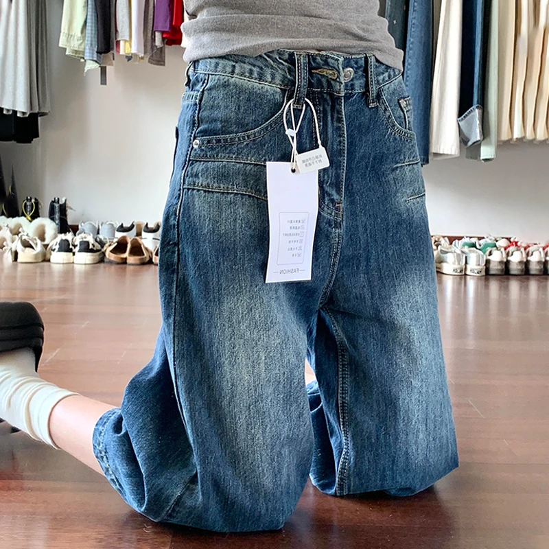 2025美式深蓝宽松七分阔腿牛仔裤女夏季遮胯显瘦百搭直筒中裤