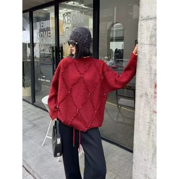 时尚圆领宽松菱形毛衣ZBS34087 衣长63