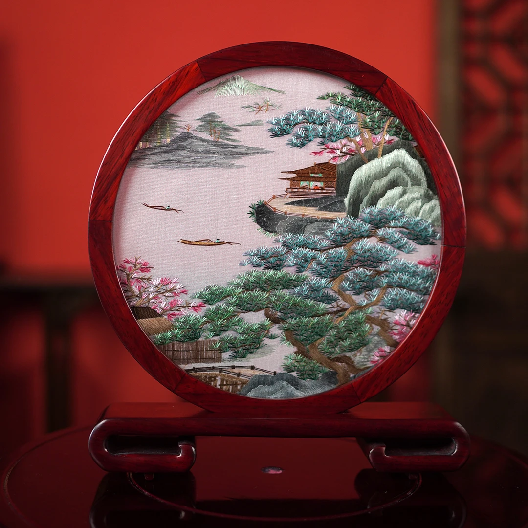 纯手工苏州刺绣苏绣成品双面绣摆件 中式  山水