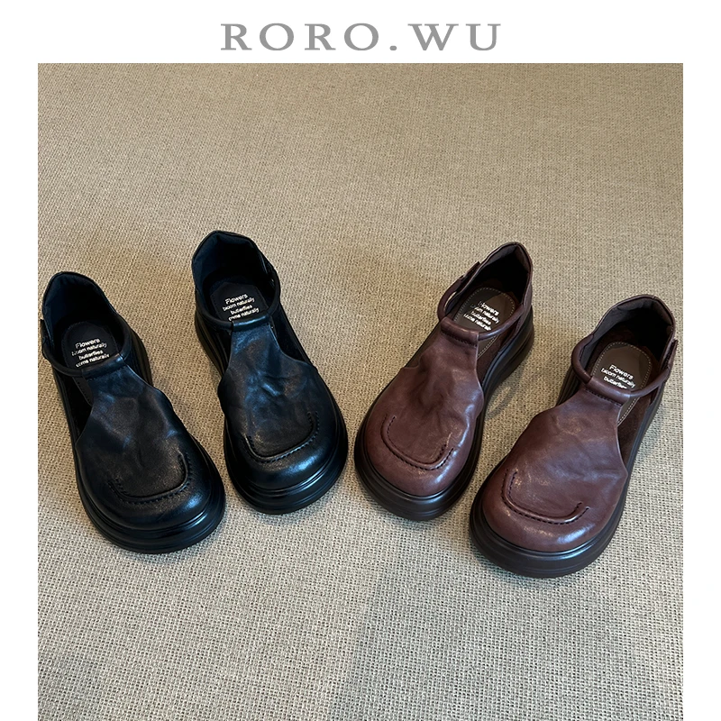 娆娆吴·水洗牛皮小个子增高厚底百搭日常包头魔术贴凉鞋T892